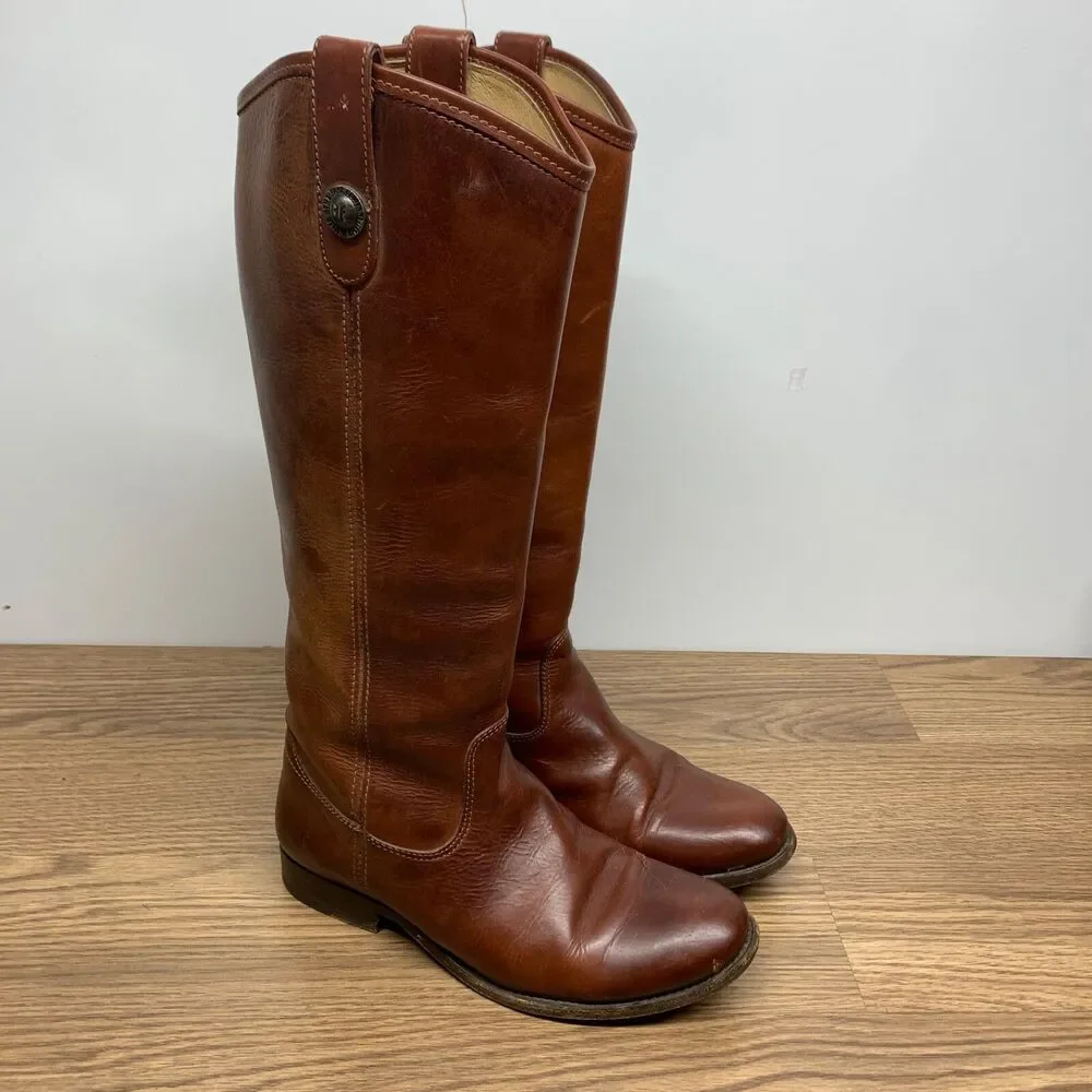 Frye #77167 Melissa Button Brown Tall Leather Riding Biker Womens Boots‎ Size 6B